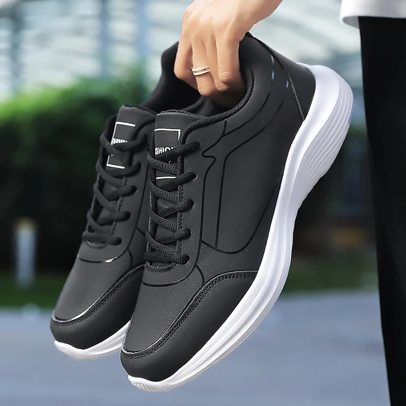 Men Shoes Autumn New PU Leather Casual Shoes Outdoor Sports Sneakers For Men Lightweight Soft Black Tennis Shoes - Image 4