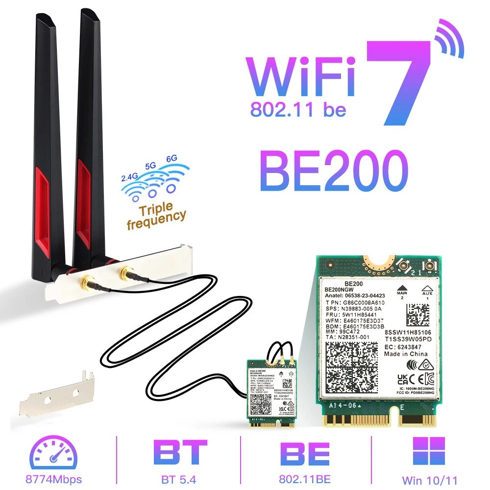WiFi 7 For Intel BE200 Wireless Network Card Bluetooth 5.4 WiFi BE200NGW NGFF Adapter 802.11AX 2.4G/5G/6GHz for Win10/11 PC