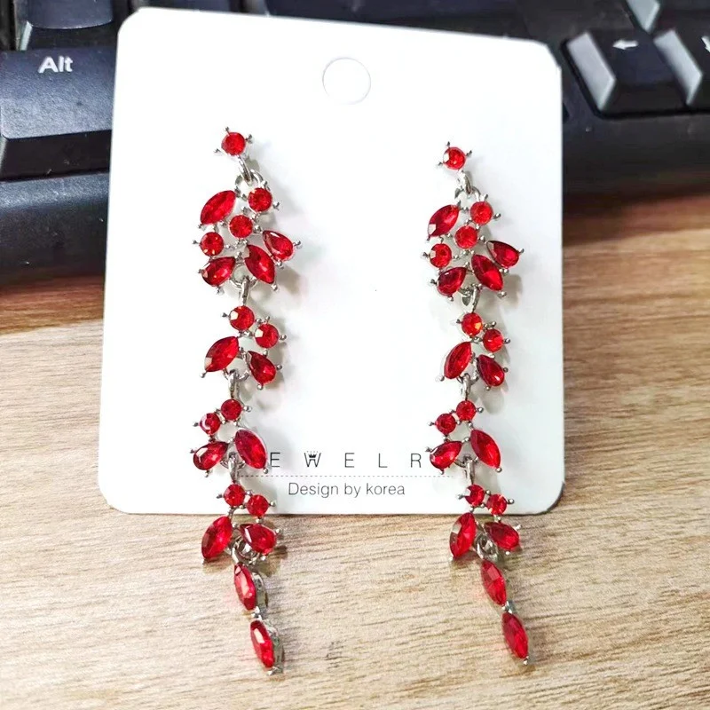 Luxury Red Leaves Zircon Earrings for Women Fashionable Ginkgo Leaf Long Tassel Ear Line Earring Girls Party Wedding Jewelry - Image 2