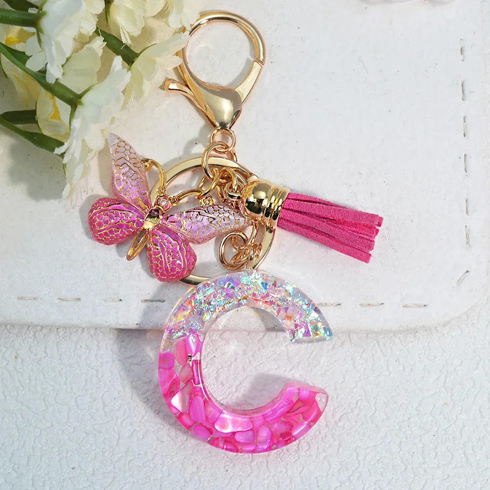 Pink Stone Filled Resin Letter Keychain A-Z 26 Initials Name Butterfly Tassel Pendant With Key Holder Luggage Backpack Tag Decor - Image 10