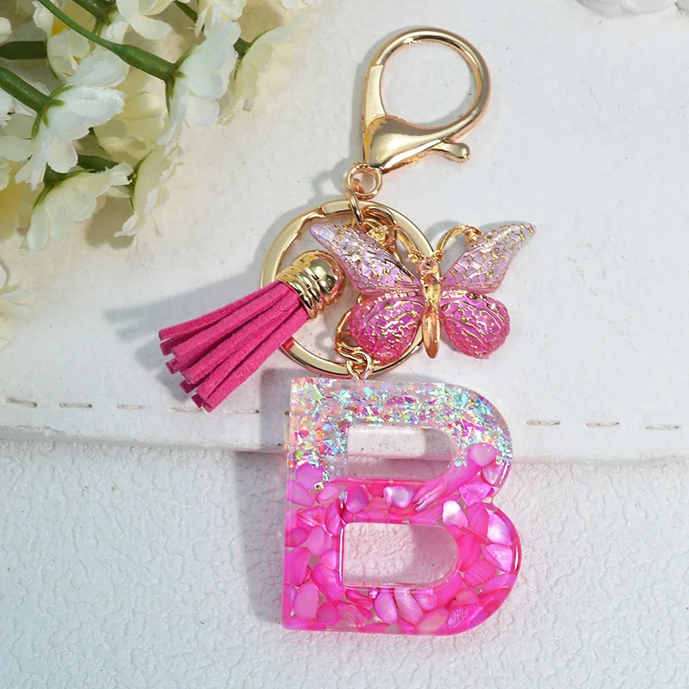 Pink Stone Filled Resin Letter Keychain A-Z 26 Initials Name Butterfly Tassel Pendant With Key Holder Luggage Backpack Tag Decor - Image 7
