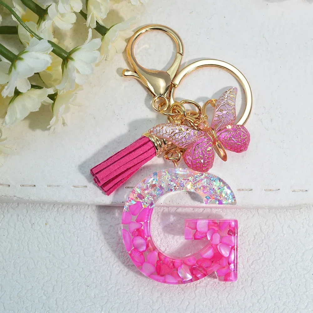 Pink Stone Filled Resin Letter Keychain A-Z 26 Initials Name Butterfly Tassel Pendant With Key Holder Luggage Backpack Tag Decor - Image 3