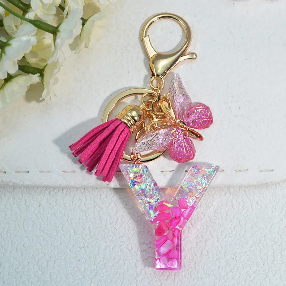 Pink Stone Filled Resin Letter Keychain A-Z 26 Initials Name Butterfly Tassel Pendant With Key Holder Luggage Backpack Tag Decor - Image 28
