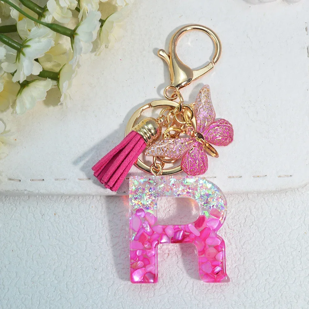 Pink Stone Filled Resin Letter Keychain A-Z 26 Initials Name Butterfly Tassel Pendant With Key Holder Luggage Backpack Tag Decor - Image 4