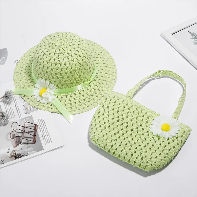 2 Pcs Set Girls Tea Party Straw Sun Hat and Purse Sets Kids Child Birthdays Easter Party Daisy Flower Summer Beach - Image 7