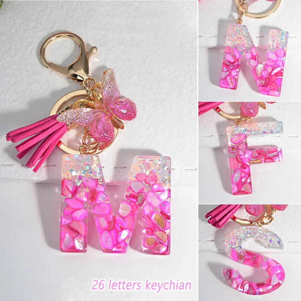 Pink Stone Filled Resin Letter Keychain A-Z 26 Initials Name Butterfly Tassel Pendant With Key Holder Luggage Backpack Tag Decor