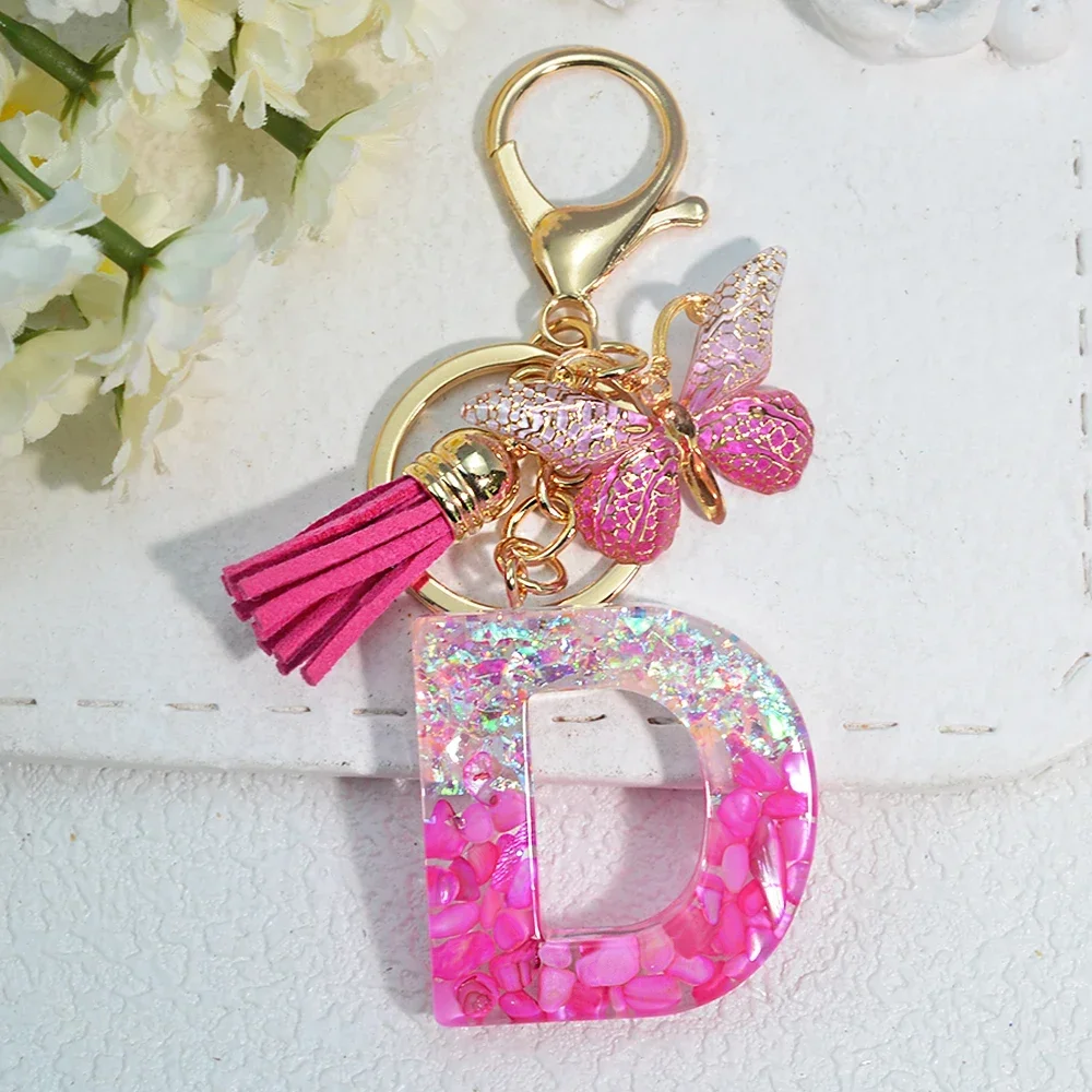 Pink Stone Filled Resin Letter Keychain A-Z 26 Initials Name Butterfly Tassel Pendant With Key Holder Luggage Backpack Tag Decor - Image 9