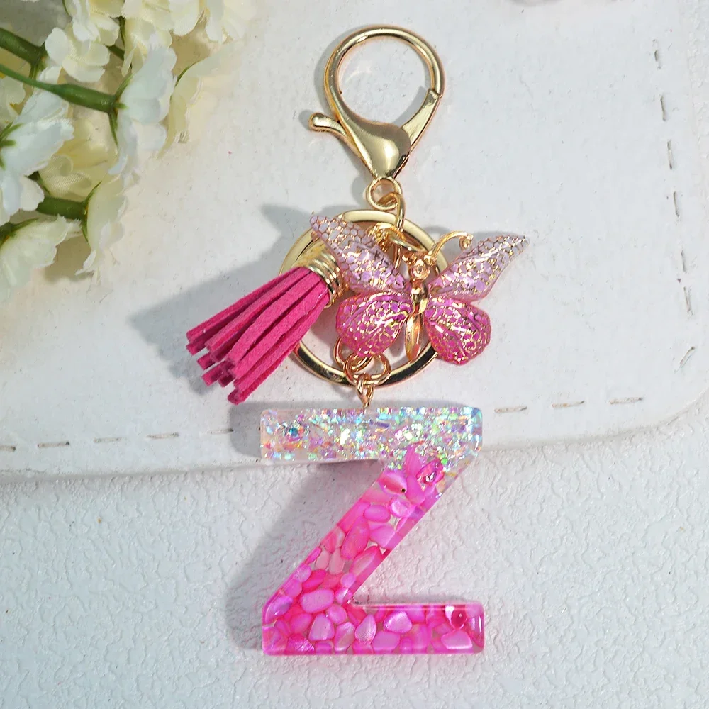 Pink Stone Filled Resin Letter Keychain A-Z 26 Initials Name Butterfly Tassel Pendant With Key Holder Luggage Backpack Tag Decor - Image 27