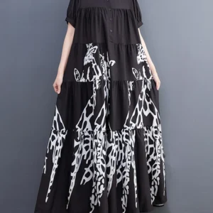 2024 Summer Black Vintage Print Patchwork Shirt Dresses For Women Short Sleeve Loose Casual Long Dress Fashion Elegant Clothing