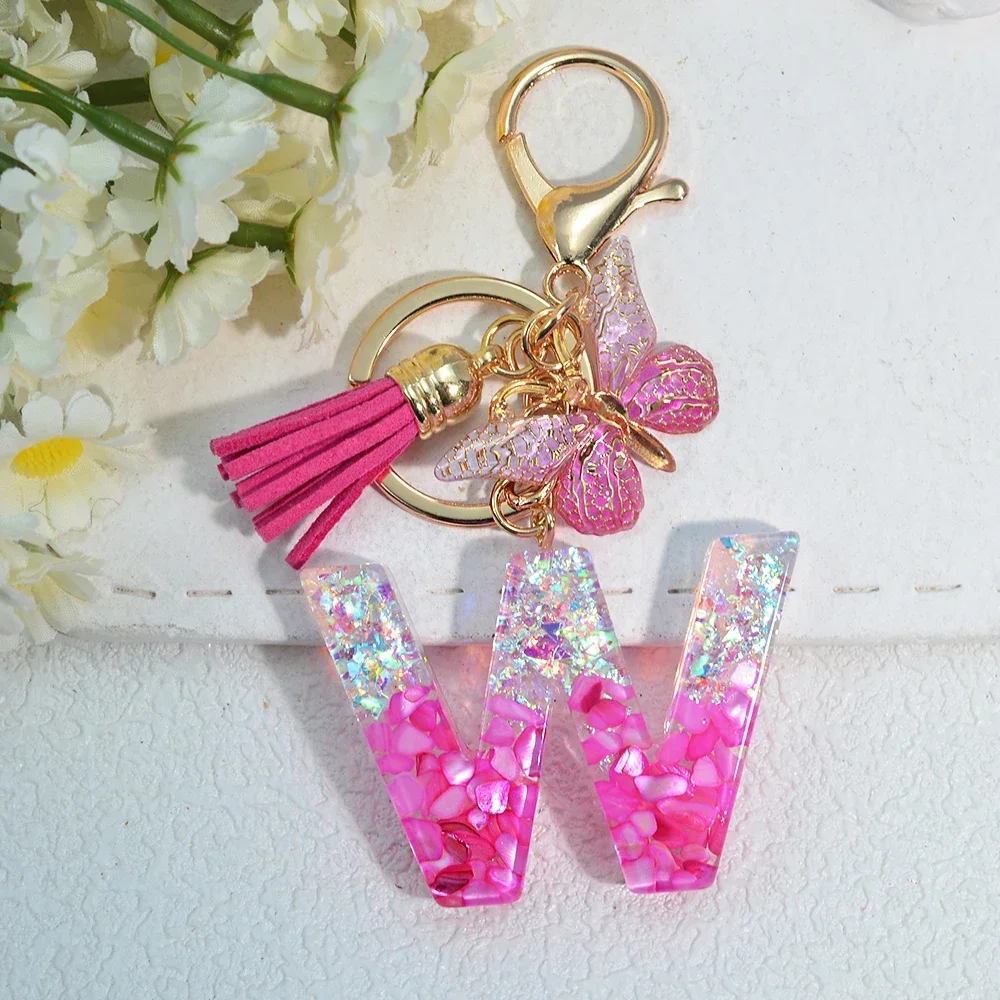 Pink Stone Filled Resin Letter Keychain A-Z 26 Initials Name Butterfly Tassel Pendant With Key Holder Luggage Backpack Tag Decor - Image 5