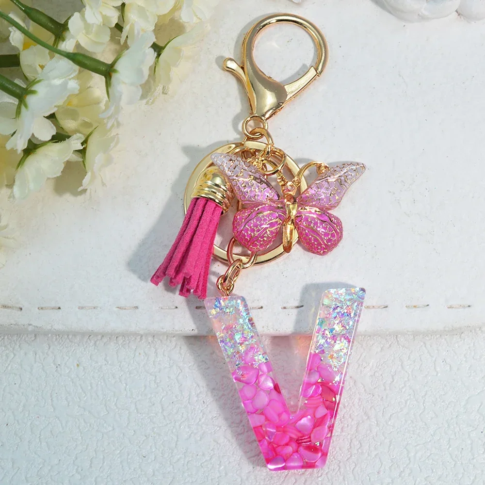 Pink Stone Filled Resin Letter Keychain A-Z 26 Initials Name Butterfly Tassel Pendant With Key Holder Luggage Backpack Tag Decor - Image 29