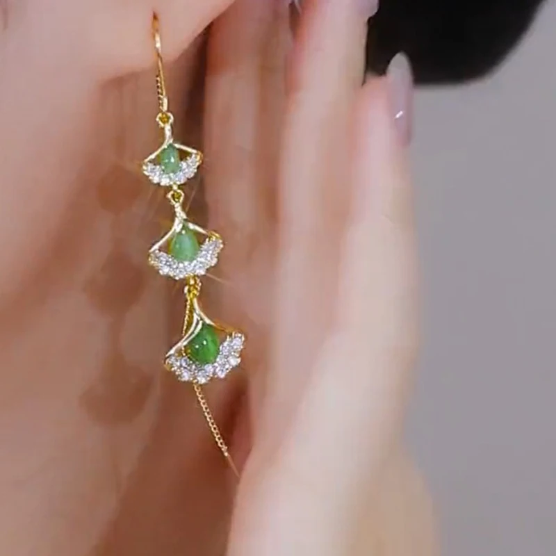 Luxury Red Leaves Zircon Earrings for Women Fashionable Ginkgo Leaf Long Tassel Ear Line Earring Girls Party Wedding Jewelry - Image 5