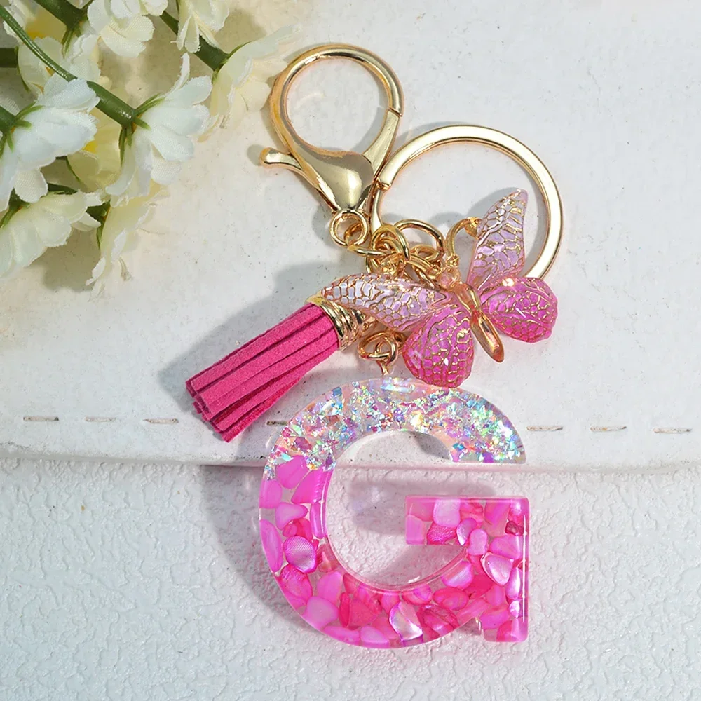 Pink Stone Filled Resin Letter Keychain A-Z 26 Initials Name Butterfly Tassel Pendant With Key Holder Luggage Backpack Tag Decor - Image 26