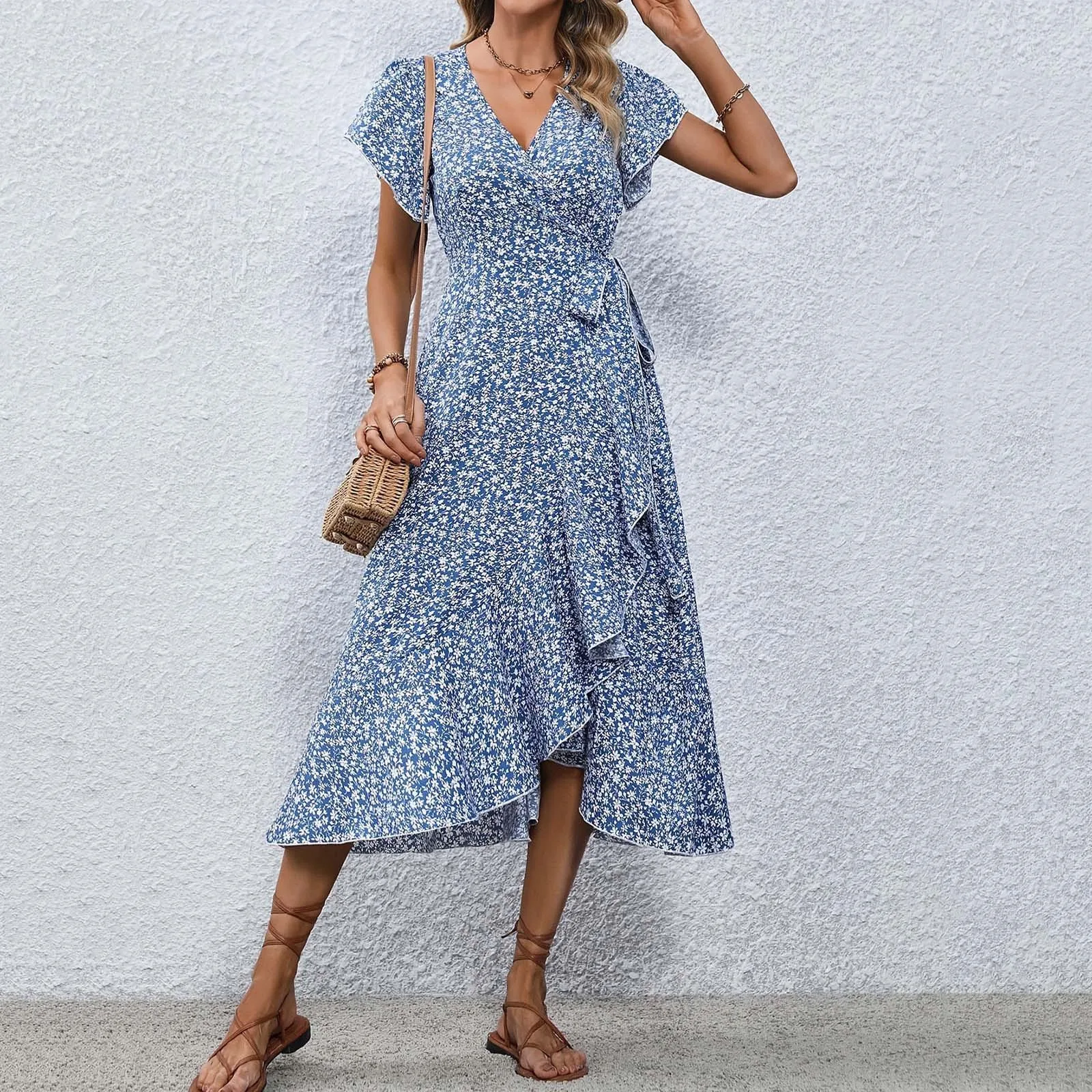Women's Flowy Split Midi Floral Wrap Dress Summer Irregular High Waist Boho Long Dress A-Line V-Neck Holiday Beach Sundress - Image 3