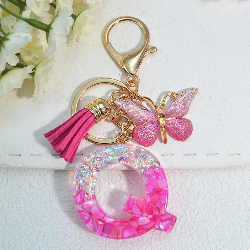 Pink Stone Filled Resin Letter Keychain A-Z 26 Initials Name Butterfly Tassel Pendant With Key Holder Luggage Backpack Tag Decor - Image 12