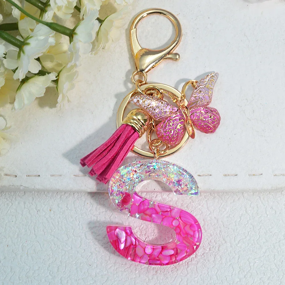 Pink Stone Filled Resin Letter Keychain A-Z 26 Initials Name Butterfly Tassel Pendant With Key Holder Luggage Backpack Tag Decor - Image 14