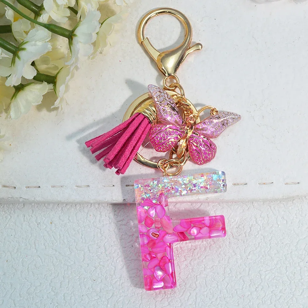 Pink Stone Filled Resin Letter Keychain A-Z 26 Initials Name Butterfly Tassel Pendant With Key Holder Luggage Backpack Tag Decor - Image 23