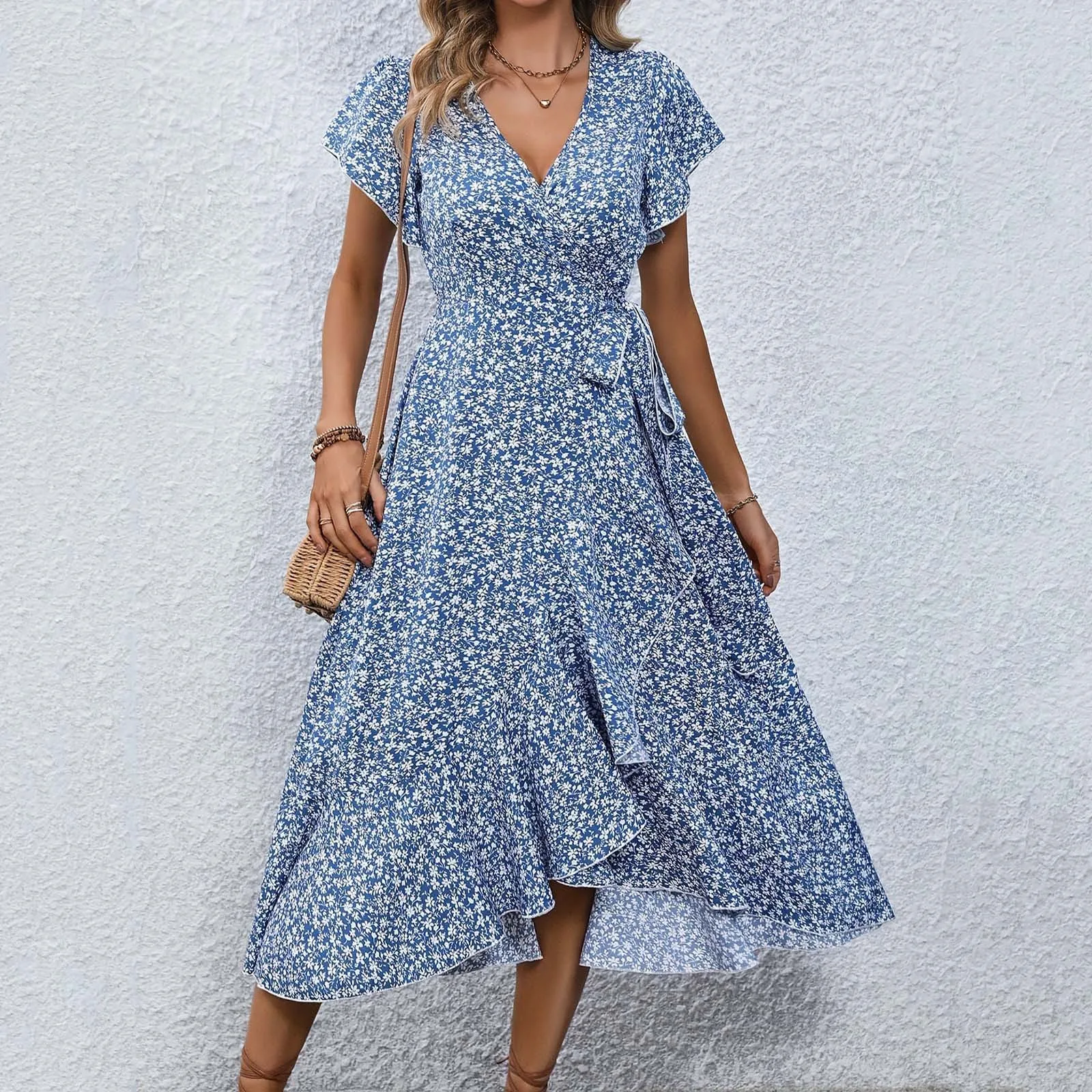 Women's Flowy Split Midi Floral Wrap Dress Summer Irregular High Waist Boho Long Dress A-Line V-Neck Holiday Beach Sundress - Image 8