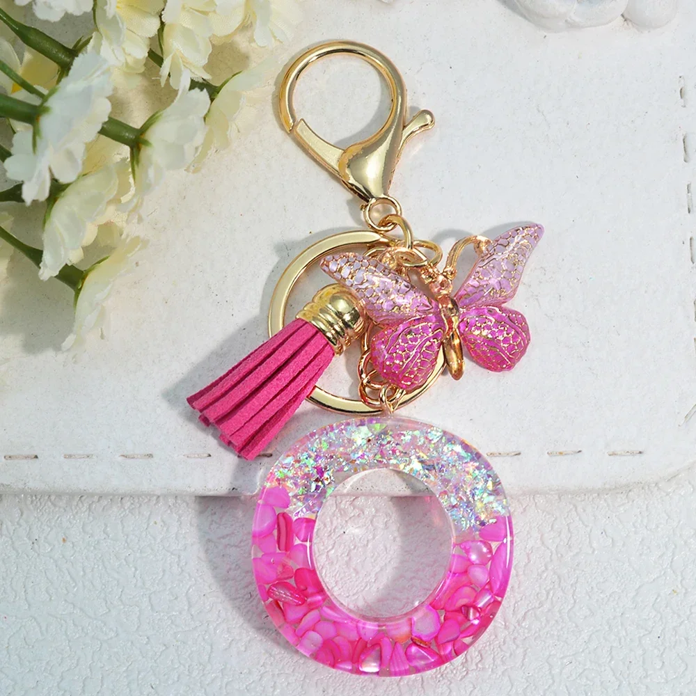 Pink Stone Filled Resin Letter Keychain A-Z 26 Initials Name Butterfly Tassel Pendant With Key Holder Luggage Backpack Tag Decor - Image 18