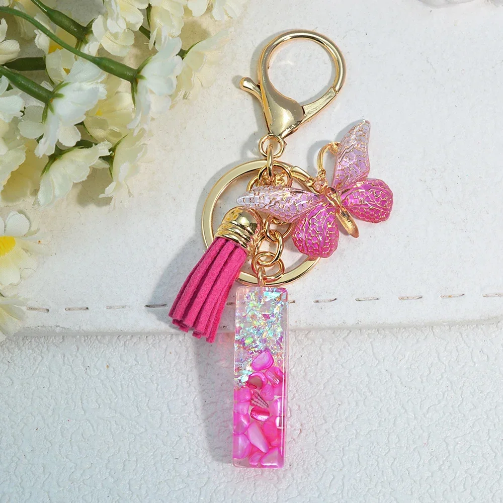 Pink Stone Filled Resin Letter Keychain A-Z 26 Initials Name Butterfly Tassel Pendant With Key Holder Luggage Backpack Tag Decor - Image 20