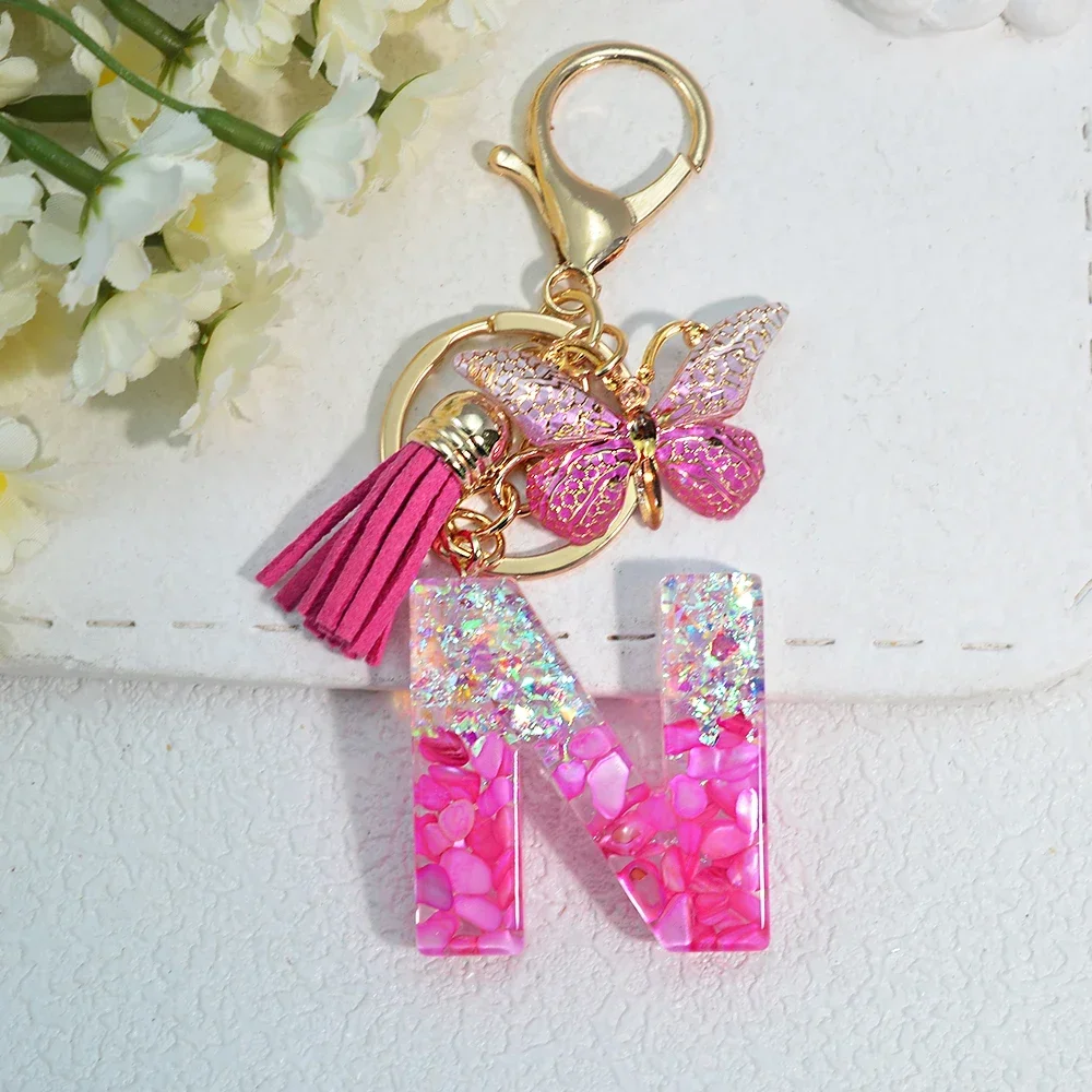 Pink Stone Filled Resin Letter Keychain A-Z 26 Initials Name Butterfly Tassel Pendant With Key Holder Luggage Backpack Tag Decor - Image 15