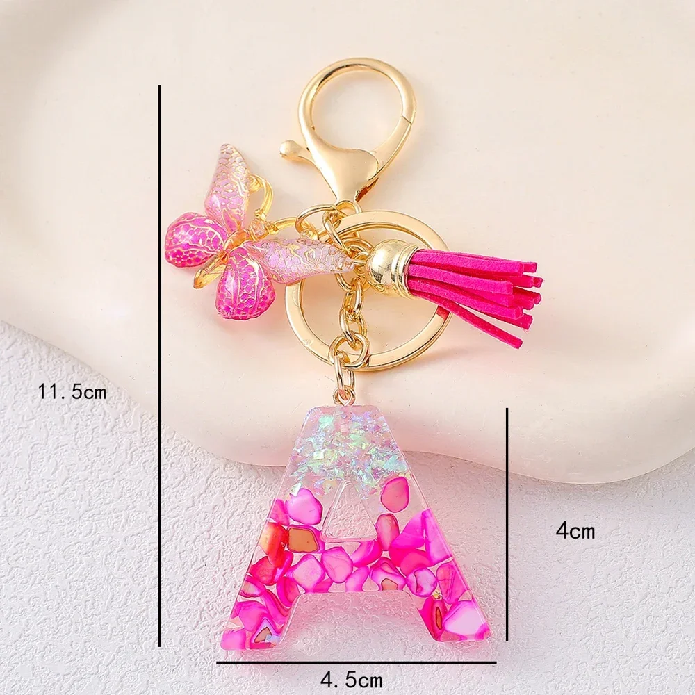 Pink Stone Filled Resin Letter Keychain A-Z 26 Initials Name Butterfly Tassel Pendant With Key Holder Luggage Backpack Tag Decor - Image 6