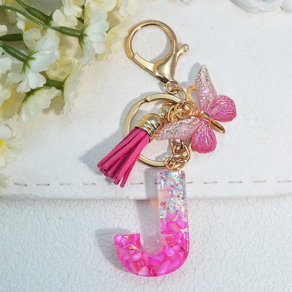 Pink Stone Filled Resin Letter Keychain A-Z 26 Initials Name Butterfly Tassel Pendant With Key Holder Luggage Backpack Tag Decor - Image 19