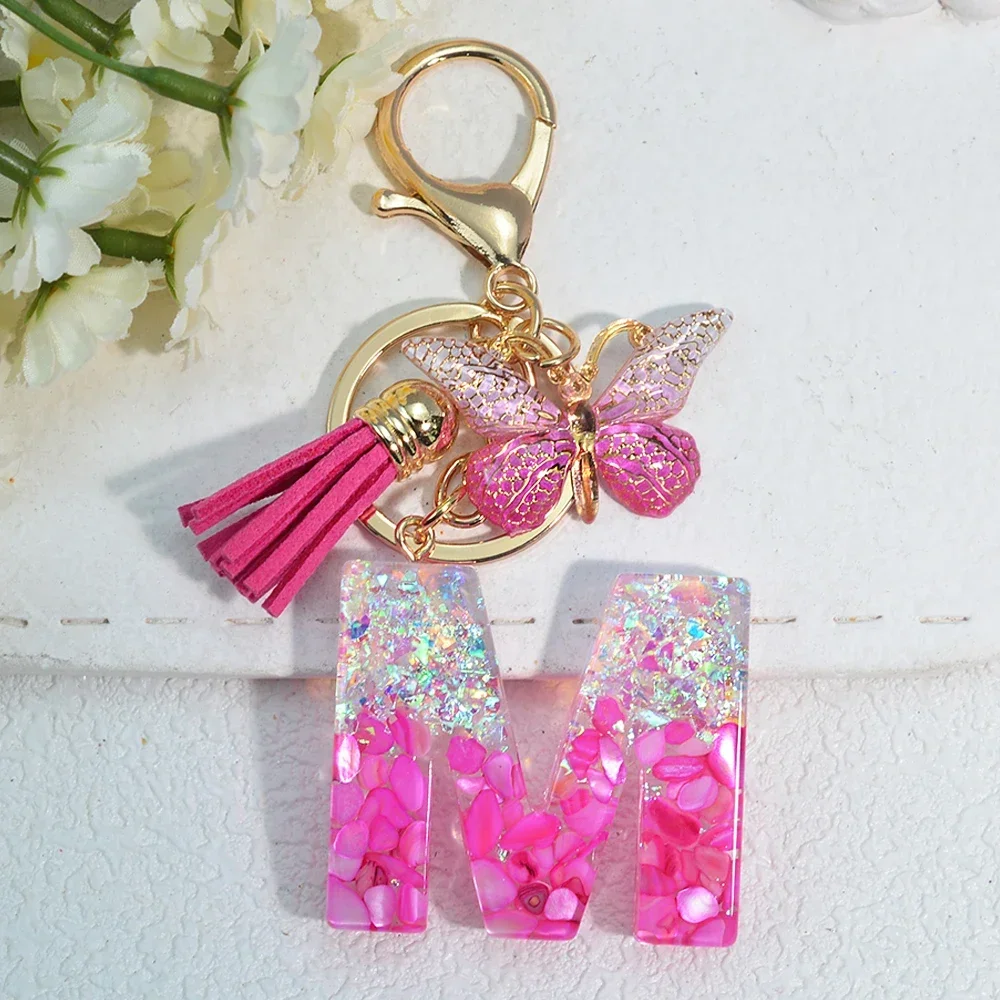 Pink Stone Filled Resin Letter Keychain A-Z 26 Initials Name Butterfly Tassel Pendant With Key Holder Luggage Backpack Tag Decor - Image 16