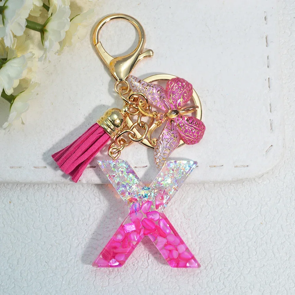 Pink Stone Filled Resin Letter Keychain A-Z 26 Initials Name Butterfly Tassel Pendant With Key Holder Luggage Backpack Tag Decor - Image 31