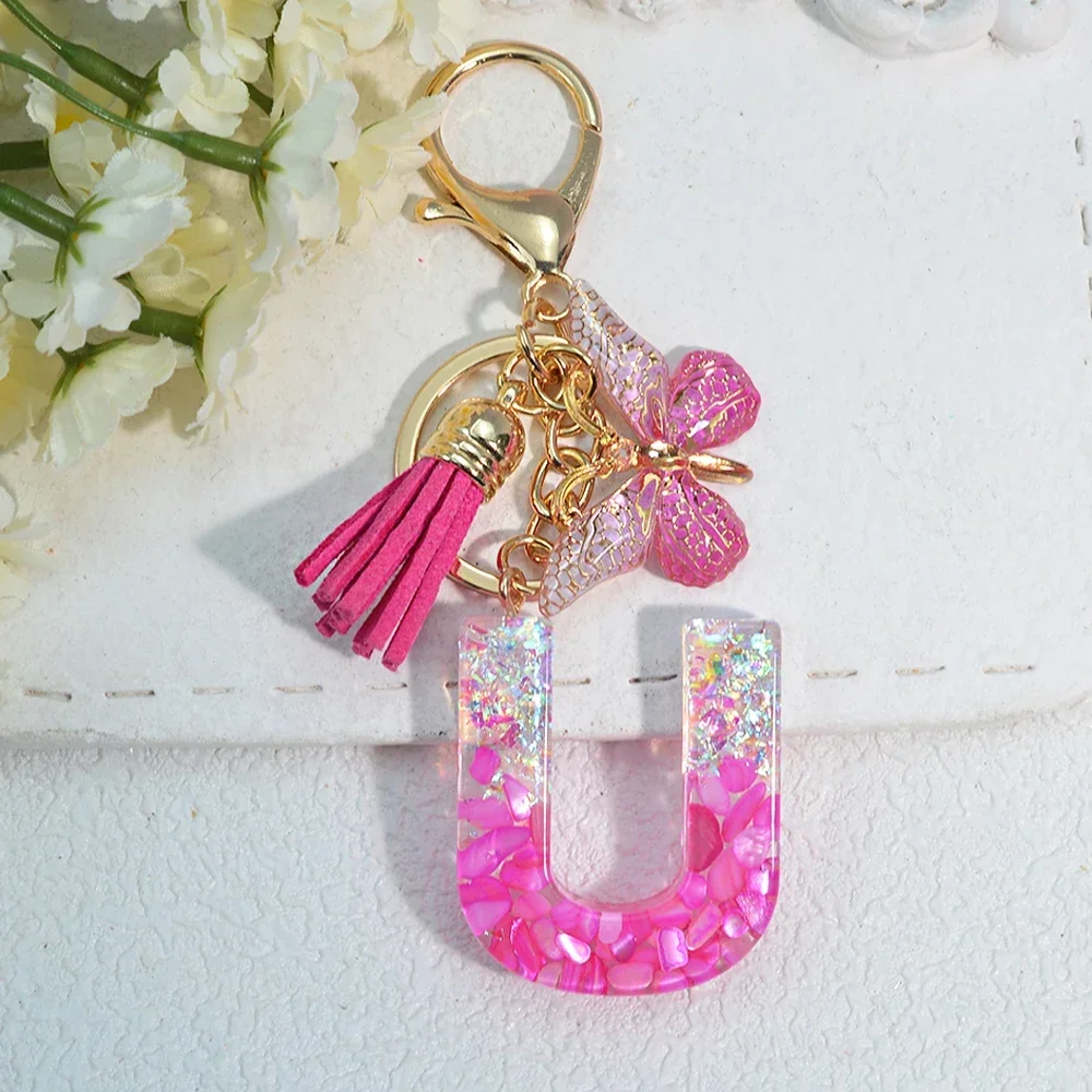 Pink Stone Filled Resin Letter Keychain A-Z 26 Initials Name Butterfly Tassel Pendant With Key Holder Luggage Backpack Tag Decor - Image 30
