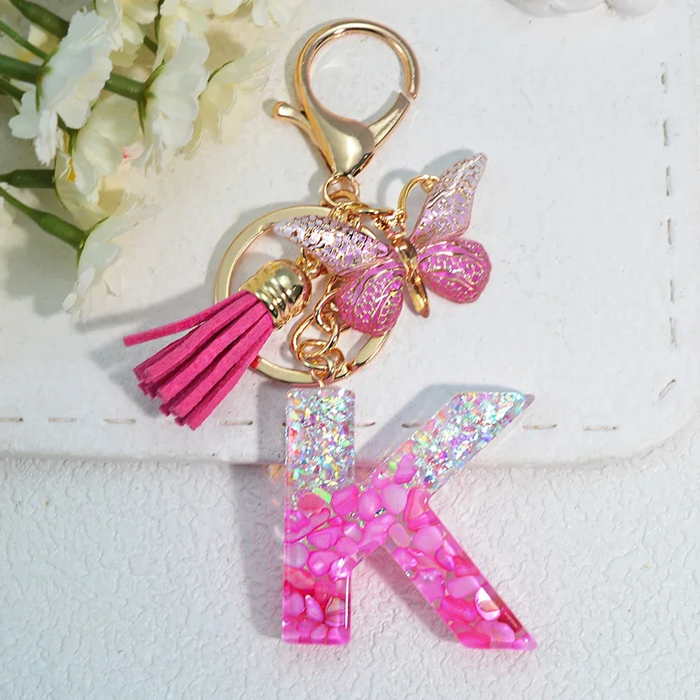Pink Stone Filled Resin Letter Keychain A-Z 26 Initials Name Butterfly Tassel Pendant With Key Holder Luggage Backpack Tag Decor - Image 22