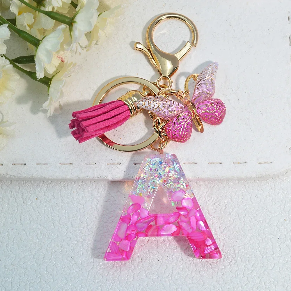 Pink Stone Filled Resin Letter Keychain A-Z 26 Initials Name Butterfly Tassel Pendant With Key Holder Luggage Backpack Tag Decor - Image 2