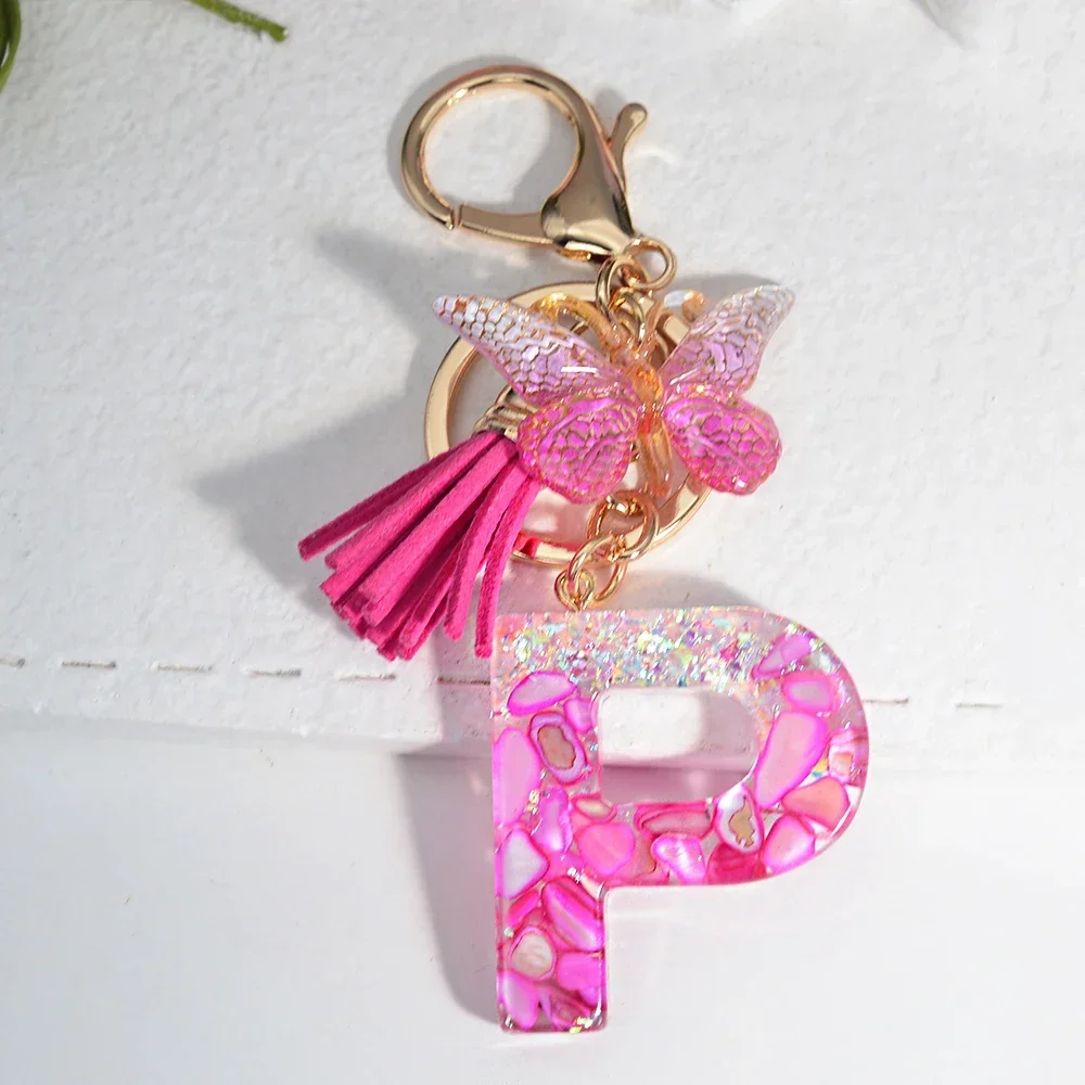 Pink Stone Filled Resin Letter Keychain A-Z 26 Initials Name Butterfly Tassel Pendant With Key Holder Luggage Backpack Tag Decor - Image 17