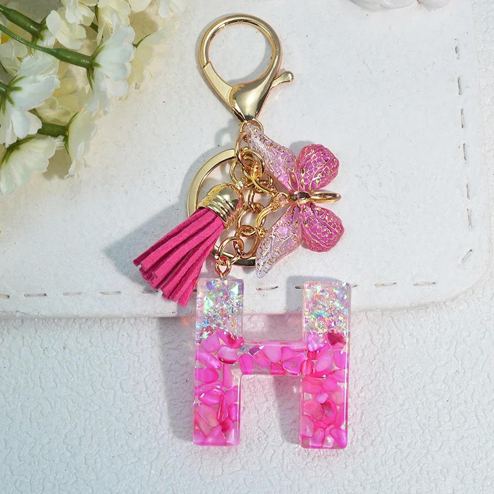 Pink Stone Filled Resin Letter Keychain A-Z 26 Initials Name Butterfly Tassel Pendant With Key Holder Luggage Backpack Tag Decor - Image 25