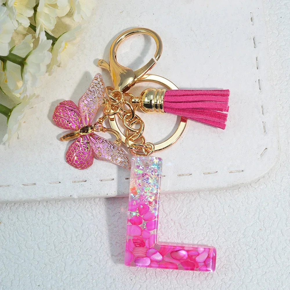 Pink Stone Filled Resin Letter Keychain A-Z 26 Initials Name Butterfly Tassel Pendant With Key Holder Luggage Backpack Tag Decor - Image 21