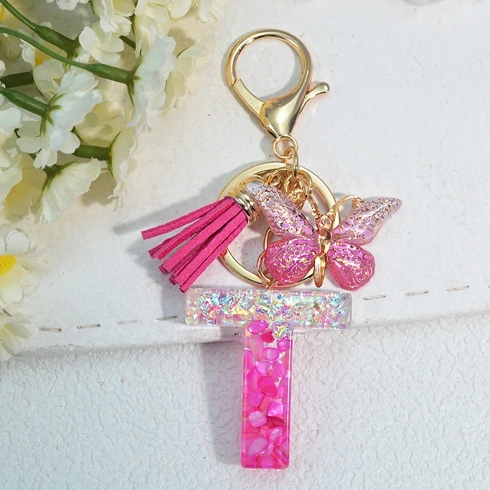 Pink Stone Filled Resin Letter Keychain A-Z 26 Initials Name Butterfly Tassel Pendant With Key Holder Luggage Backpack Tag Decor - Image 13