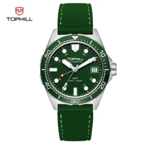 TOPHILL Green Dive Watch NH34 GMT Luminous Watches 20 Bar Waterproof Automatic Watches Sapphire Crystal Red Hand Watch