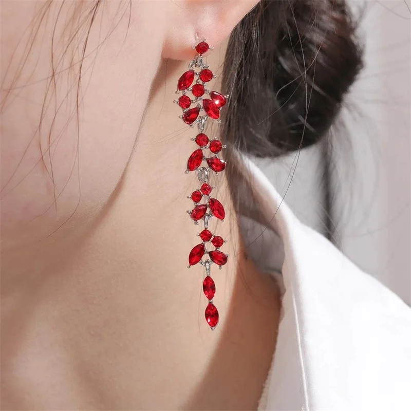 Luxury Red Leaves Zircon Earrings for Women Fashionable Ginkgo Leaf Long Tassel Ear Line Earring Girls Party Wedding Jewelry - Image 3