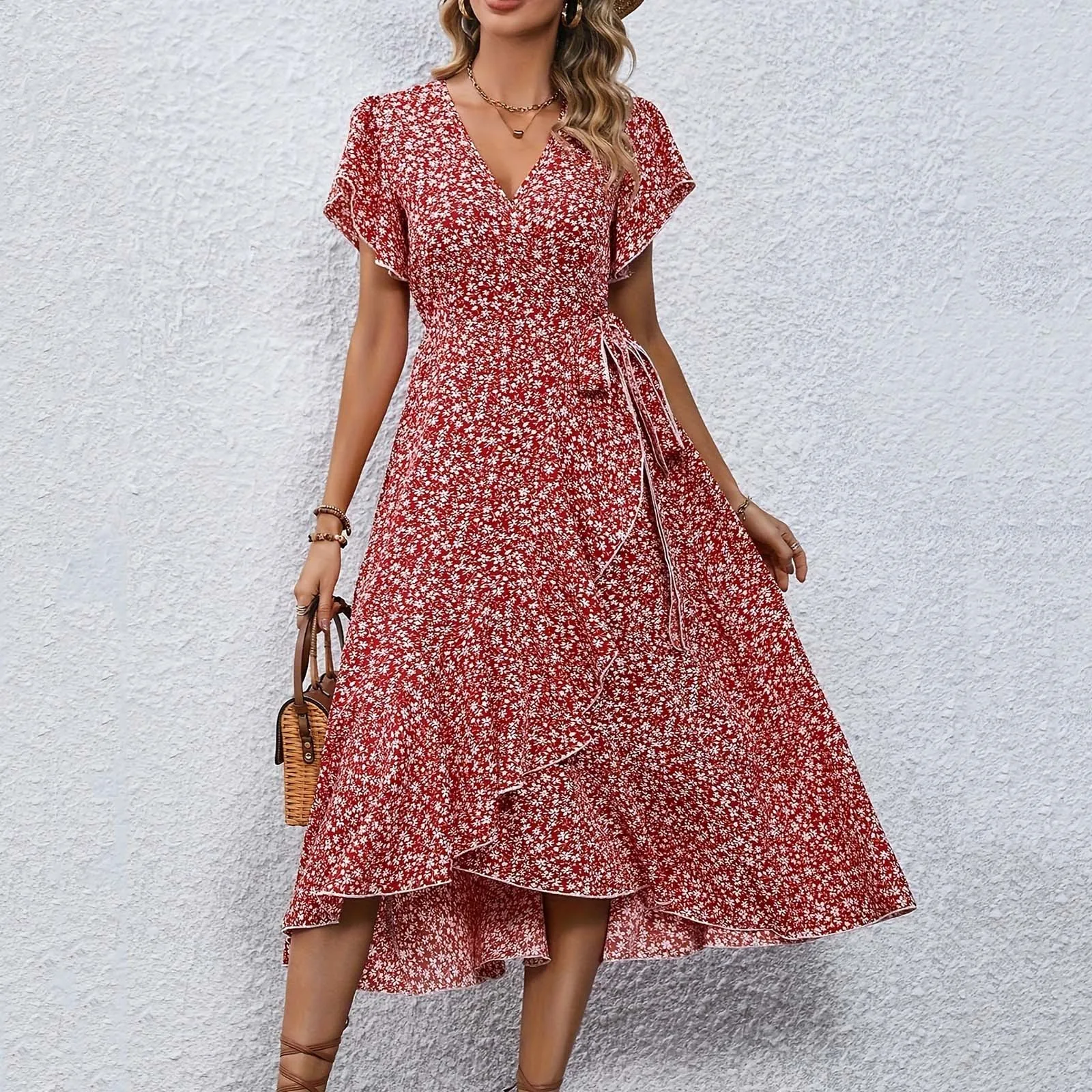 Women's Flowy Split Midi Floral Wrap Dress Summer Irregular High Waist Boho Long Dress A-Line V-Neck Holiday Beach Sundress - Image 7