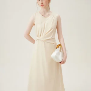 FSLE Sleeveless Unique Design Soft Vest Women Dress 2024 Summer New Natural Cotton Linen Beige Long Dress For Female 24FS18016